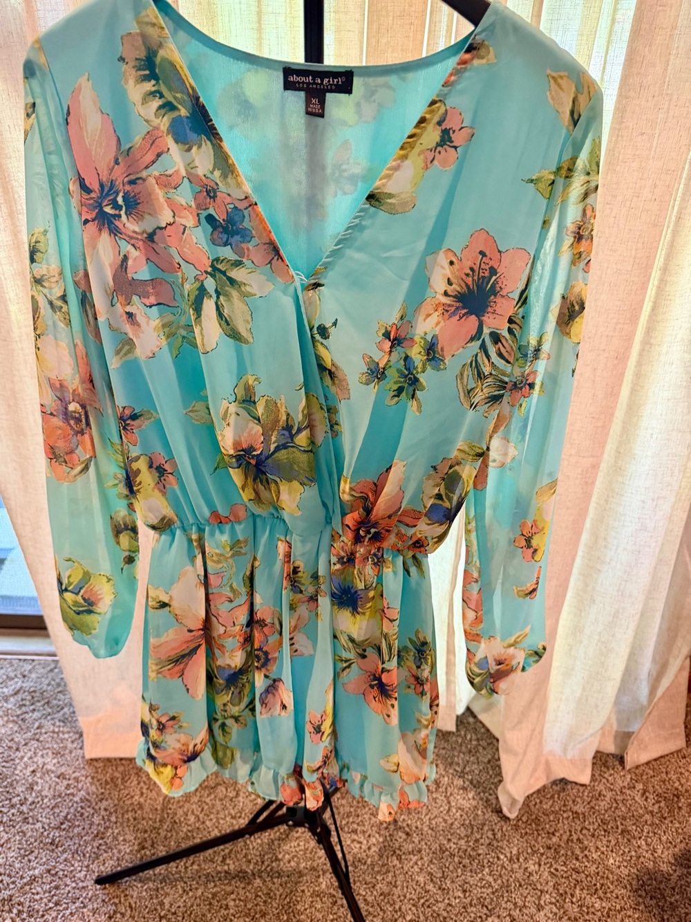 About A Girl Aqua Floral V‑Neck Chiffon Romper